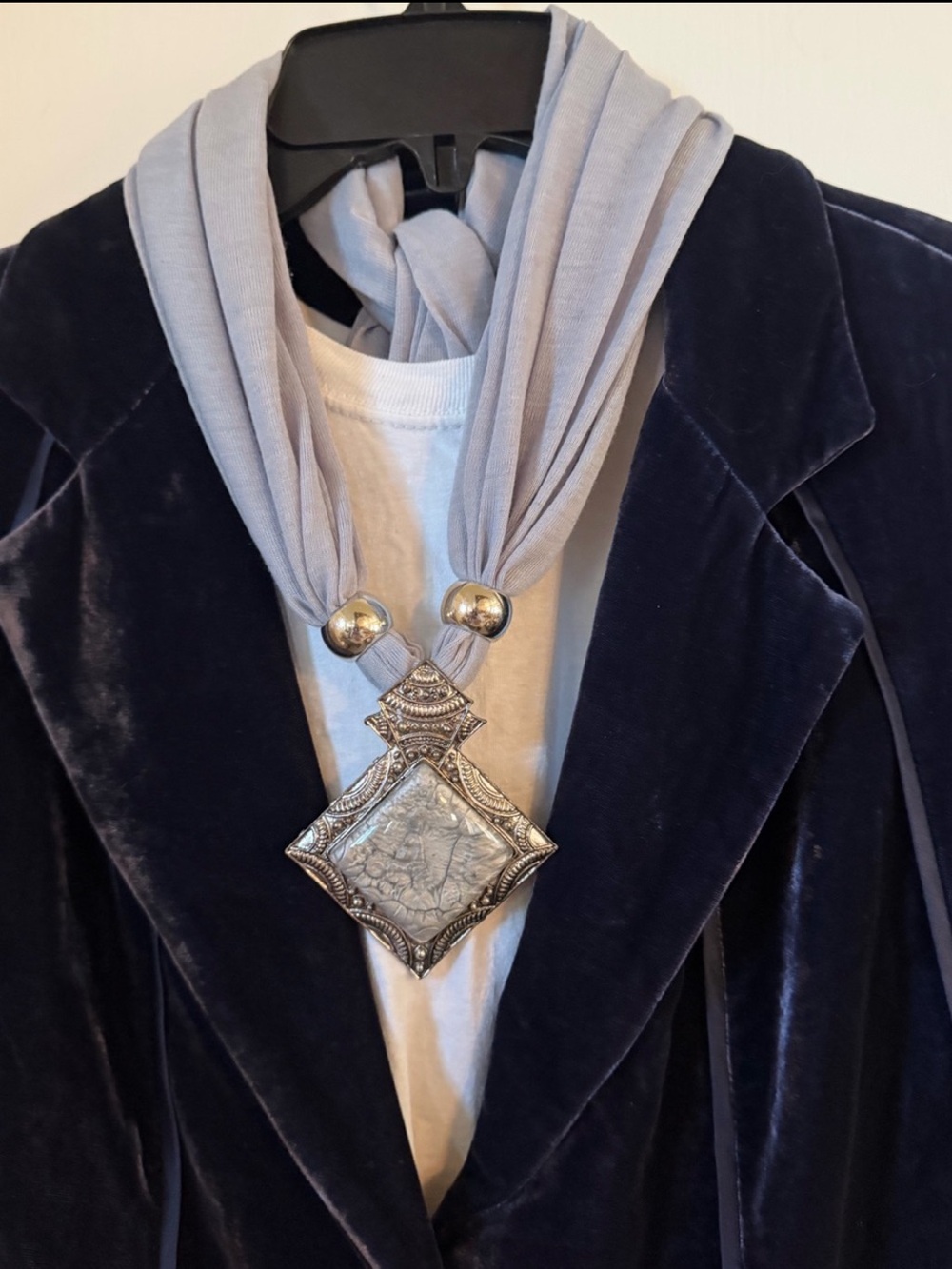 Hand Crafted Grey Boho Scarf/Belt/Wrap w/Beads Fringe Stone Like Pendant OS